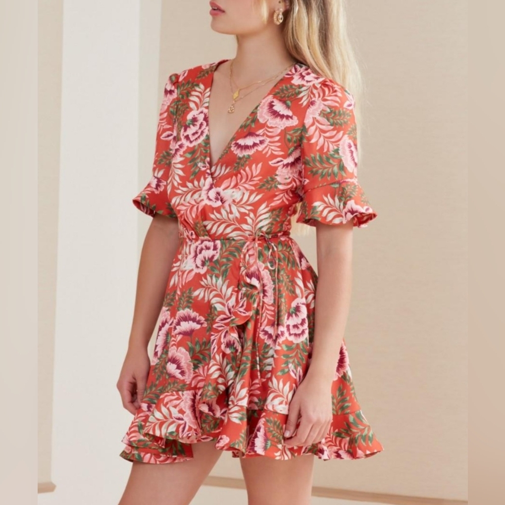 Finders Keepers Songbird Wrap Dress Floral Ruffle Flounce Dress Mini Size‎ Small